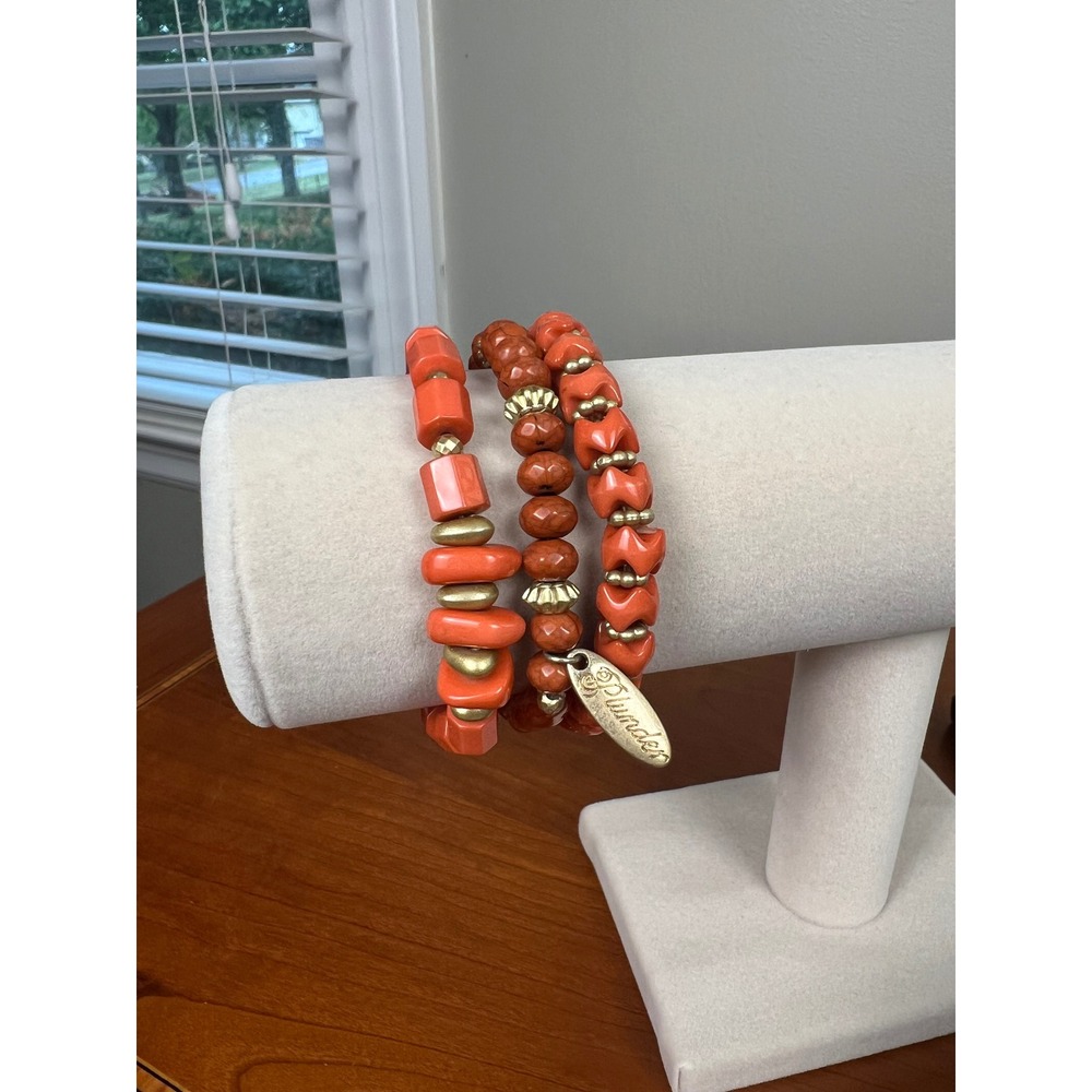 Plunder Design Coral Orange Beaded Stretch Bracelet Set of 3 Gold Tone Charm